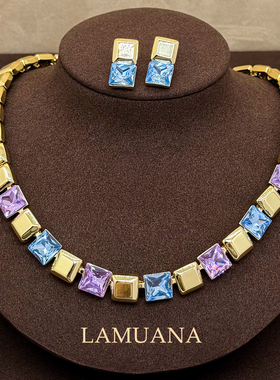 LAMUANA蓝紫方糖项链小众设计高级感复古金色彩锆短款颈链锁骨链