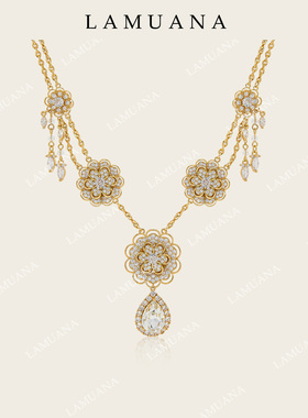 LAMUANA鎏金花扇系列复古奢华感满钻流苏项链锁骨链礼物女98179