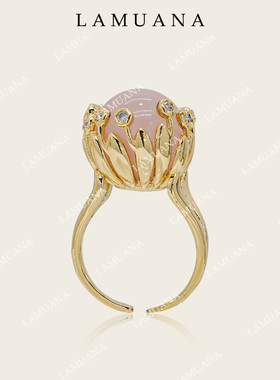 LAMUANA粉水花球粉水晶戒指小众设计复古戒开口戒女首饰礼物69407