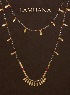LAMUANA灰石金羽毛多层串珠项链小众设计感异域风复古颈链毛衣链