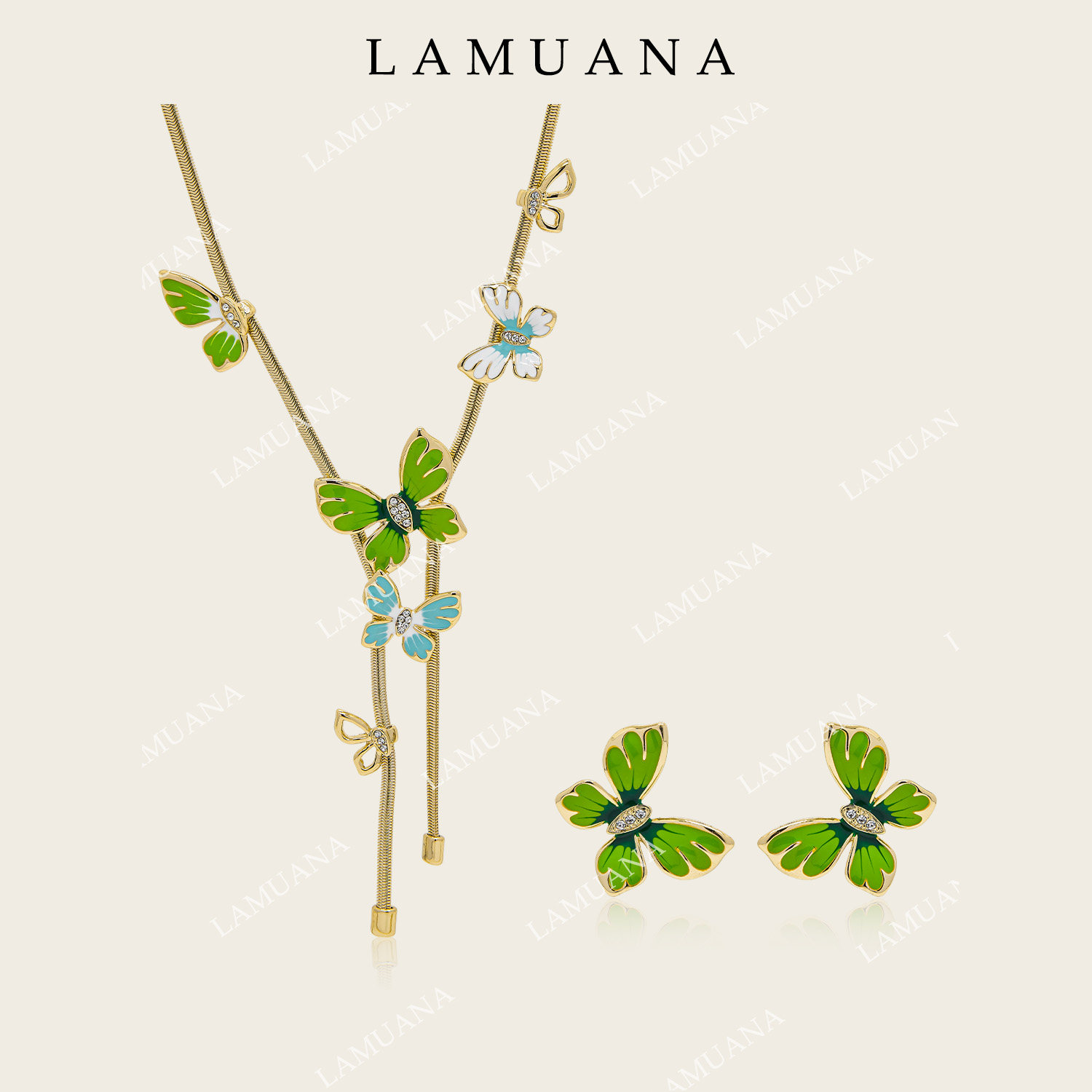 LAMUANA绿蝶珐琅项链复古风夸张设计感度假金颈链套装耳钉女14213