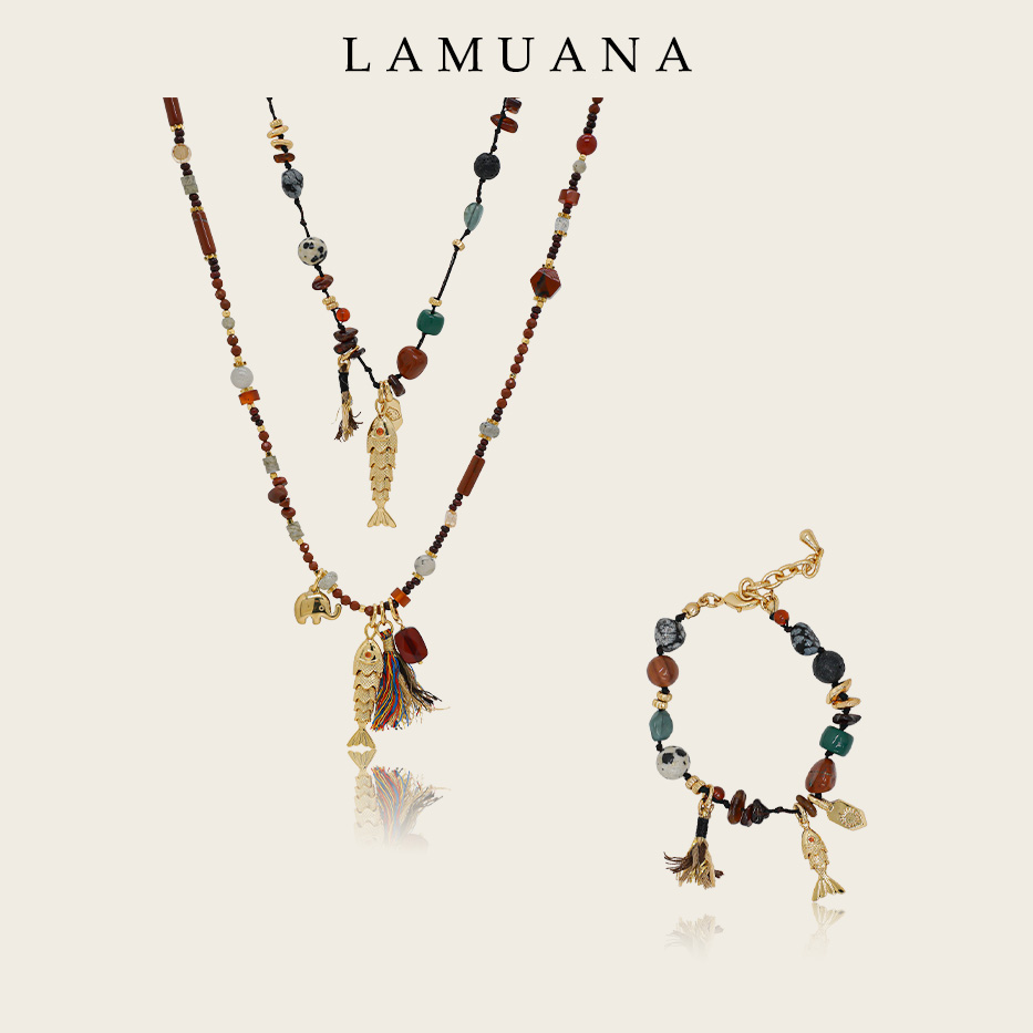 LAMUANA年年有鱼法式编织复古项链叠戴天然石颈链毛衣链长款女