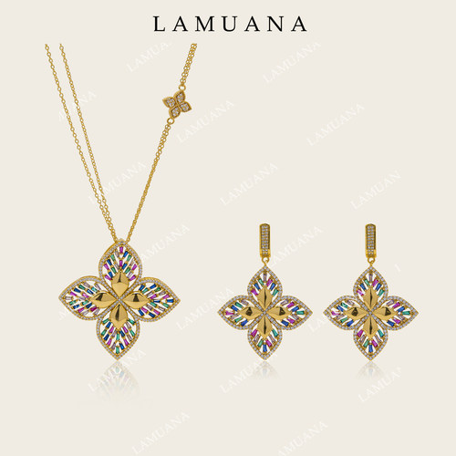 LAMUANA彩虹钻四叶花项链复古宫廷四叶草耳环套装重工轻奢长项链