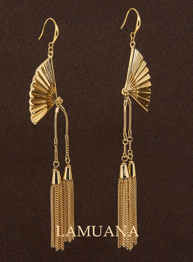 LAMUANA洒金叠扇耳环小众高级感金色新年长款流苏耳饰饰品女98087
