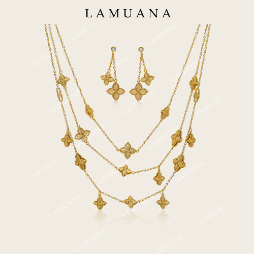 LAMUANA金丝刻花四叶草多层项链小众原创高级设计感复古金色23956