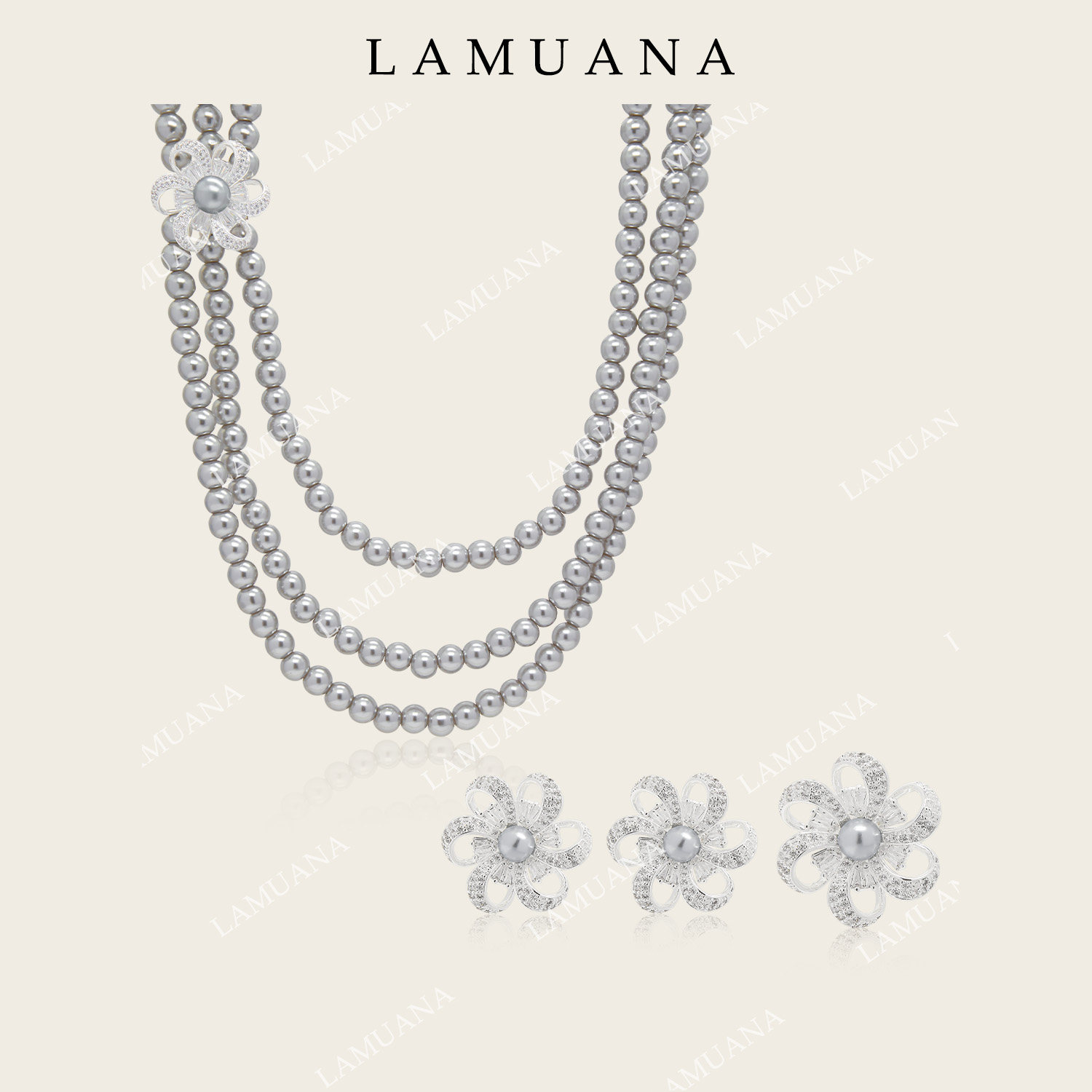 LAMUANA烟花灰珍珠系项链夸张高级设计长款多层灰色珍珠项链套装