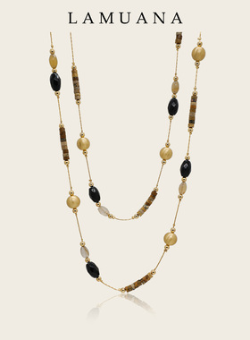 LAMUANA焦糖小金球项链天然石串珠长链毛衣链新叠戴70502