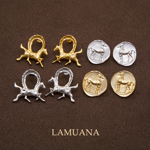 LAMUANA马蹄古币小金马耳钉复古小众设计感简约百搭马年耳环耳饰