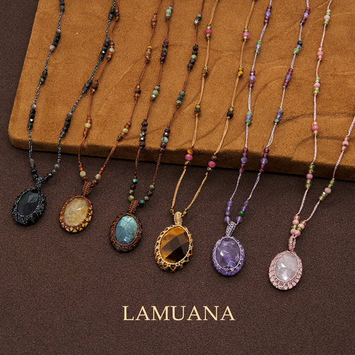 LAMUANA手工编织水晶长项链小众设计感复古天然石编绳颈链礼物