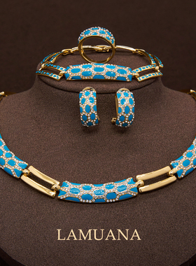 LAMUANA蓝珐琅豹纹系列小众设计感复古时髦项链气场百搭耳环套装