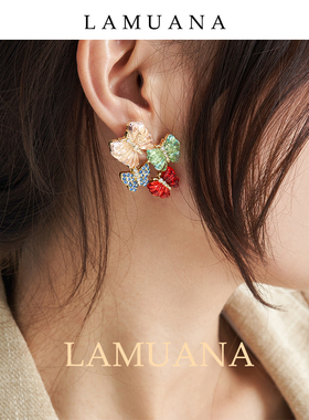 LAMUANA彩蝶蝴蝶耳钉复古耳环女气质中古风格琉璃耳饰女高级55462