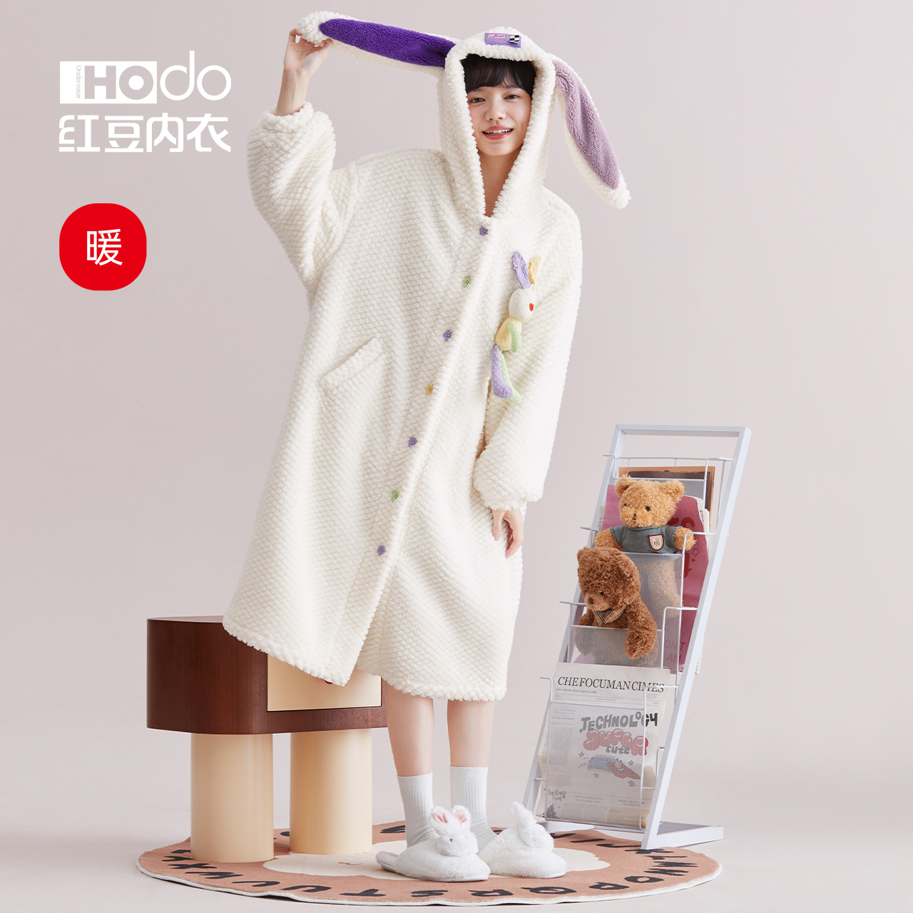红豆泡泡绒加厚女士睡袍连帽可爱