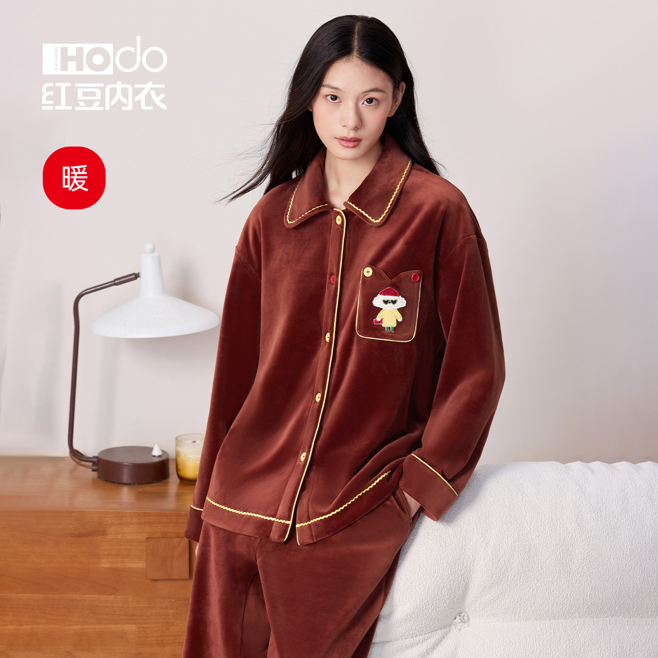 女海岛绒睡衣红豆抗静电可外穿