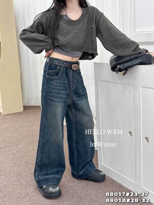 王小米中大童加绒阔腿牛仔裤女2024冬季新款直筒阔腿拖地长裤子