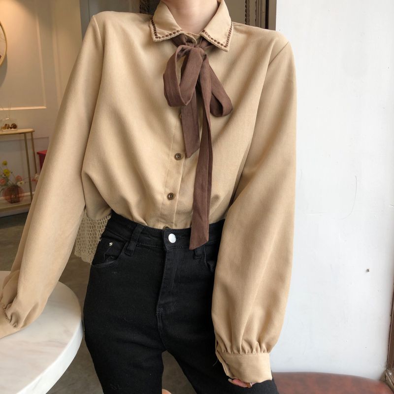 Real price autumn new style Korean retro lace up mid thick Lapel embroidered shirt