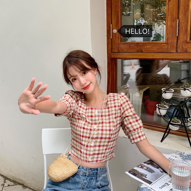 Real photo 2021 summer Korean version small fresh new short square collar careful Plaid student slim shirt