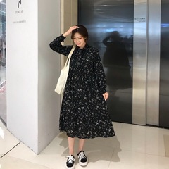 Real shot black floral dress women's middle school long autumn and winter new college style versatile slim student skirt