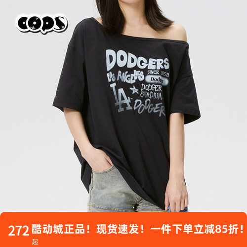 MLB新款涂鸦露肩短袖T恤女休闲