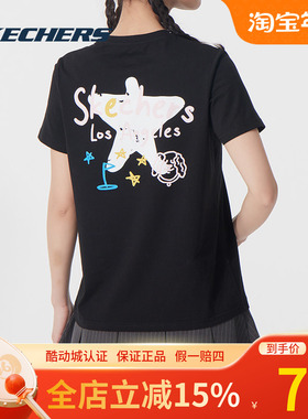 斯凯奇短袖女25新款黑色圆领卡通印花休闲运动透气T恤P225W303