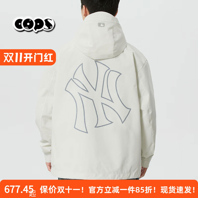 MLB奶白色冲锋衣男女夹克26新款NY大标防水休闲运动外套3AWJB0361