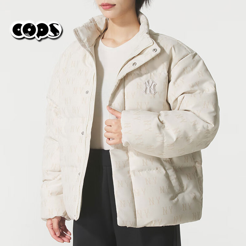 MLB短款羽绒服男女25冬季米白色NY满印老花立领鹅绒外套3ADJM0456