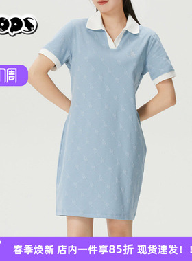 MLB时尚POLO领短袖运动连衣裙女士蓝色修身针织裙休闲裙3FOPM0263