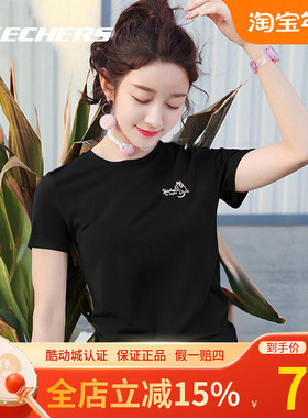 斯凯奇短袖女25新款圆领黑色卡通休闲运动透气T恤半袖P225W302