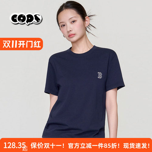 MLB官方男女同款圆领短袖T恤休闲经典款刺绣藏青色上衣3ATSB0163
