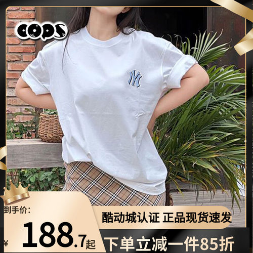 MLB男女情侣短袖25新款NY老花白色休闲圆领纯棉运动T恤3ATSM2153