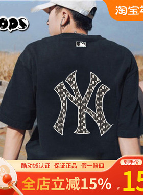 MLB黑色老花短袖男女新款NY背后大logo情侣上衣运动T恤3ATSM0653