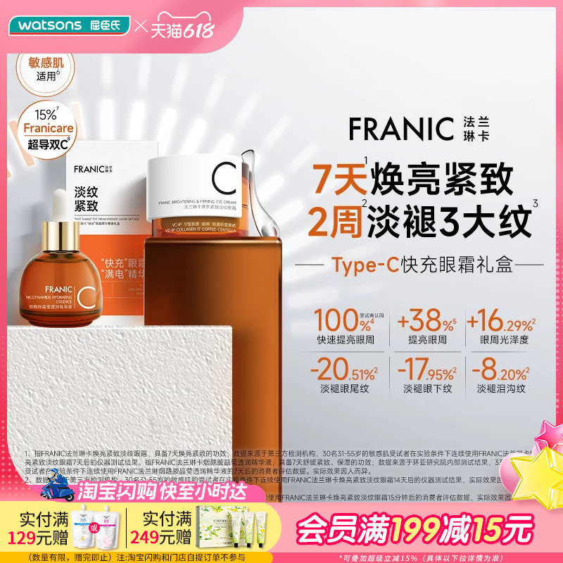 618抢先购屈臣氏FRANIC法兰琳卡“快充”眼霜精华奢美礼盒15g+30