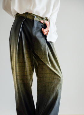 本相织物2026春新复古渐变色格纹休闲长裤宽松弧形刺毛皮裤情侣