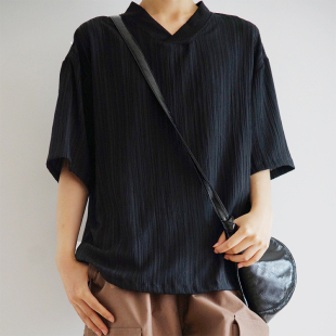 本相织物新中式夏季黑色薄款短袖上衣v领套头复古宽松衬衫男女