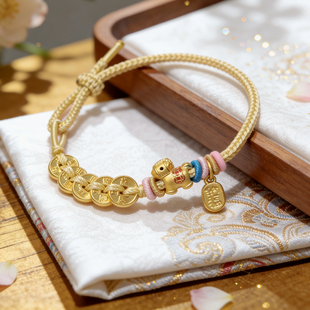 五帝钱半成品黄色手绳侧面可穿珠平安扣手工编织绳可调节黄金手链