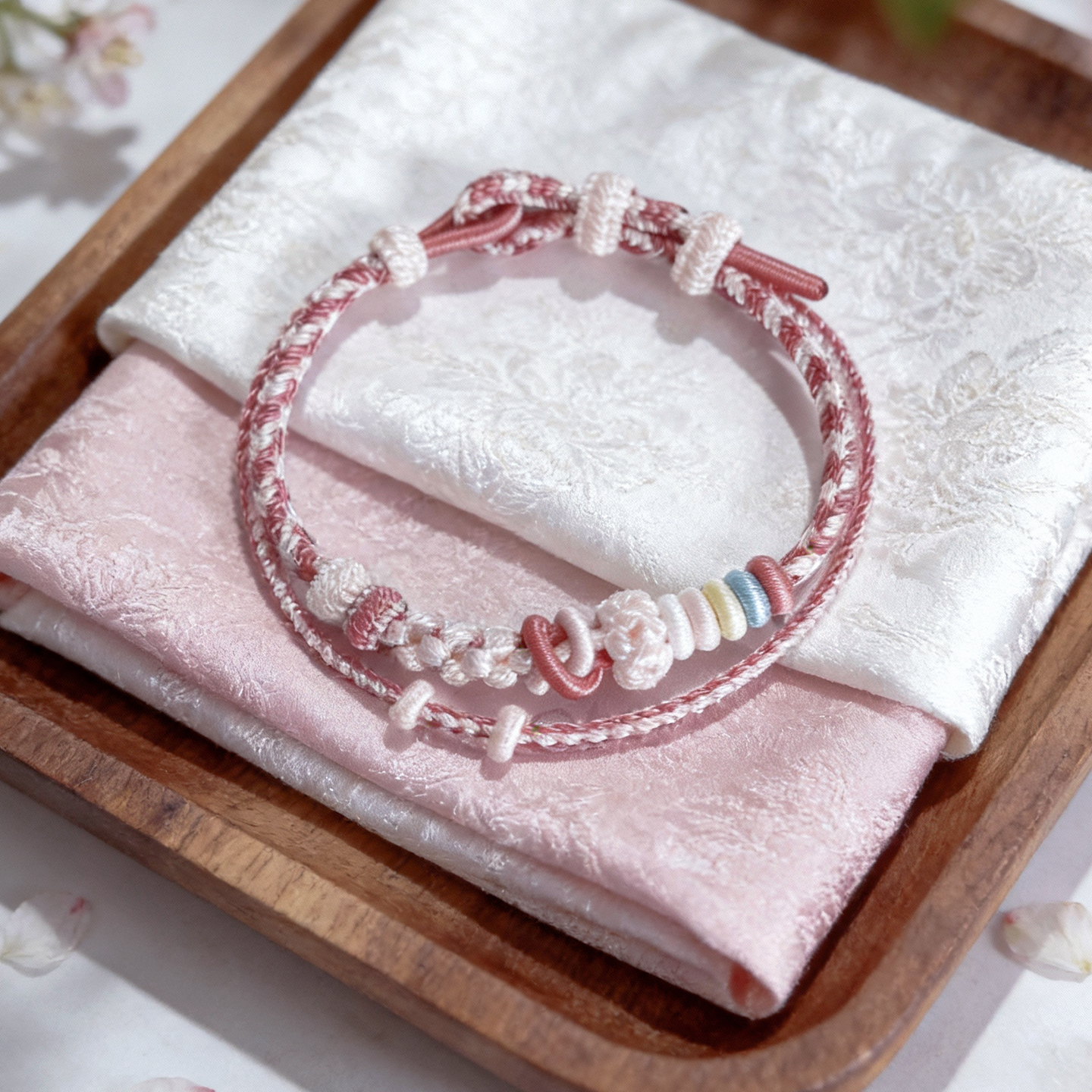 双层桃花手工编织手绳可穿珠