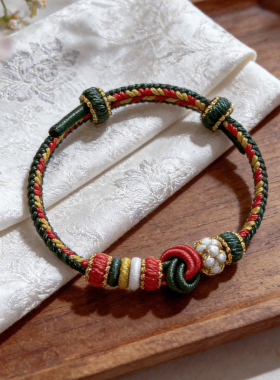 圣诞绿手工编织绳手链转运珠手绳