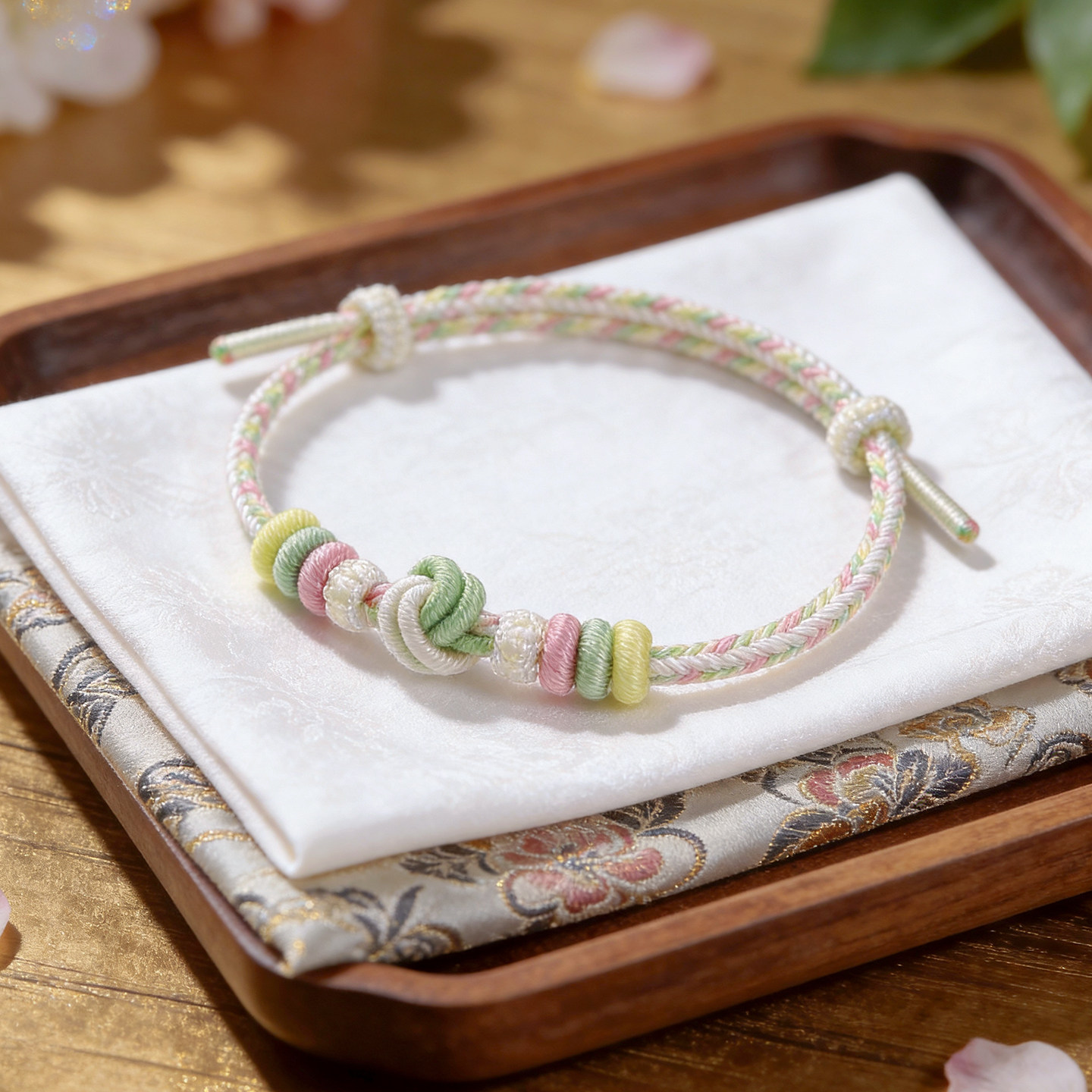小清新手工编织绳糖果色酒窝结手绳可穿珠黄金转运珠调节编绳手链