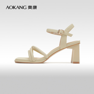 奥康女鞋 夏季新款简约一字带露趾凉鞋时尚舒适外出高跟鞋