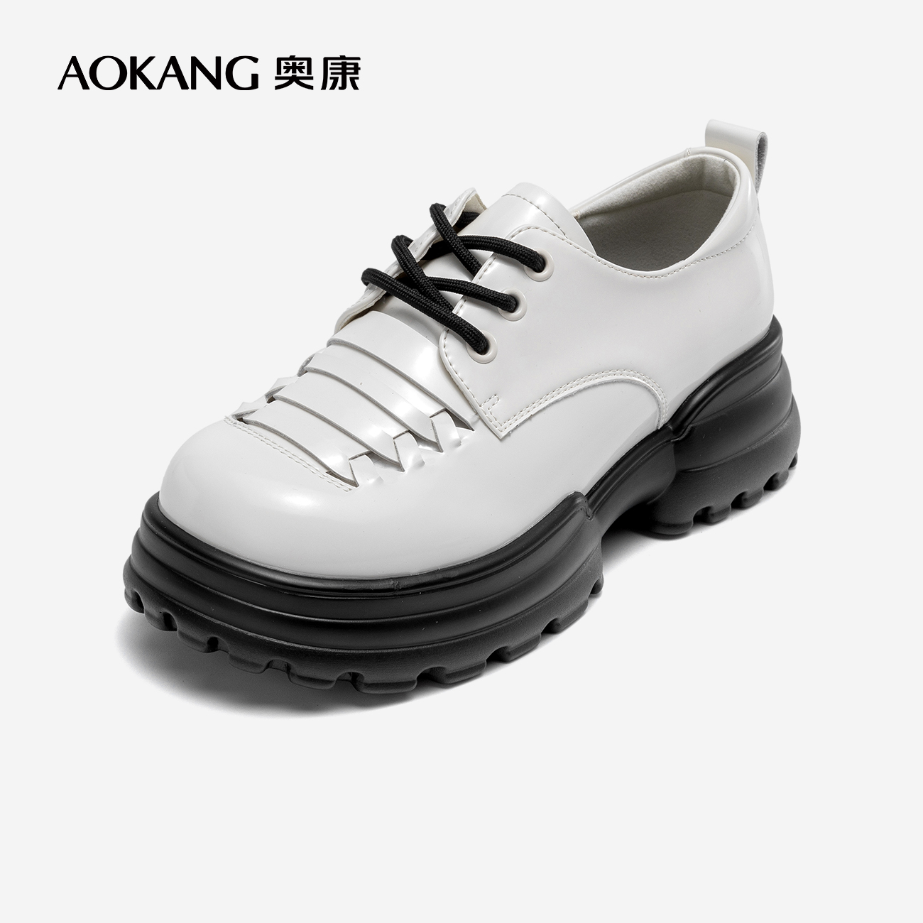 奥康女鞋 春季新款小香风皮鞋厚底增高学院风大头玛丽珍单鞋