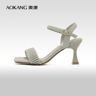 奥康女鞋 夏季新款仙女风褶皱鞋面一字带凉鞋细跟舒适高跟鞋