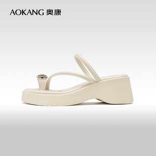 奥康女鞋 夏季新款简约厚底水钻套指凉拖鞋优雅甜美显高凉鞋