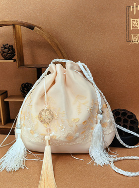 宋汉代古风刺绣绸缎汉服包包中国风小圆包森系搭配古装旗袍斜挎