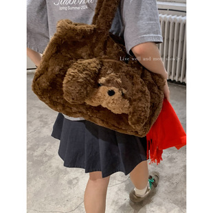 单肩卡通小熊双肩托特包 毛绒包时尚 冬季 大容量腋下包包女2025新款