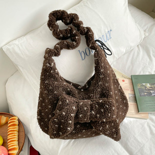 褶皱单肩包蝴蝶结斜挎托特包毛毛包 大容量包包女2025新款 冬季 时尚