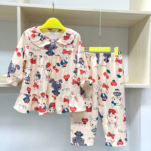 裁缝店定做春夏绵绸睡衣女童长袖家居服套装中大童小女孩公主亲子