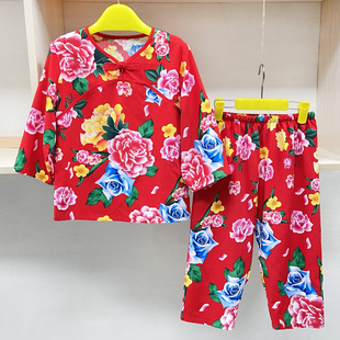 裁缝店定做女童洋气套装薄款棉绸家居服女孩网红东北大花睡衣夏