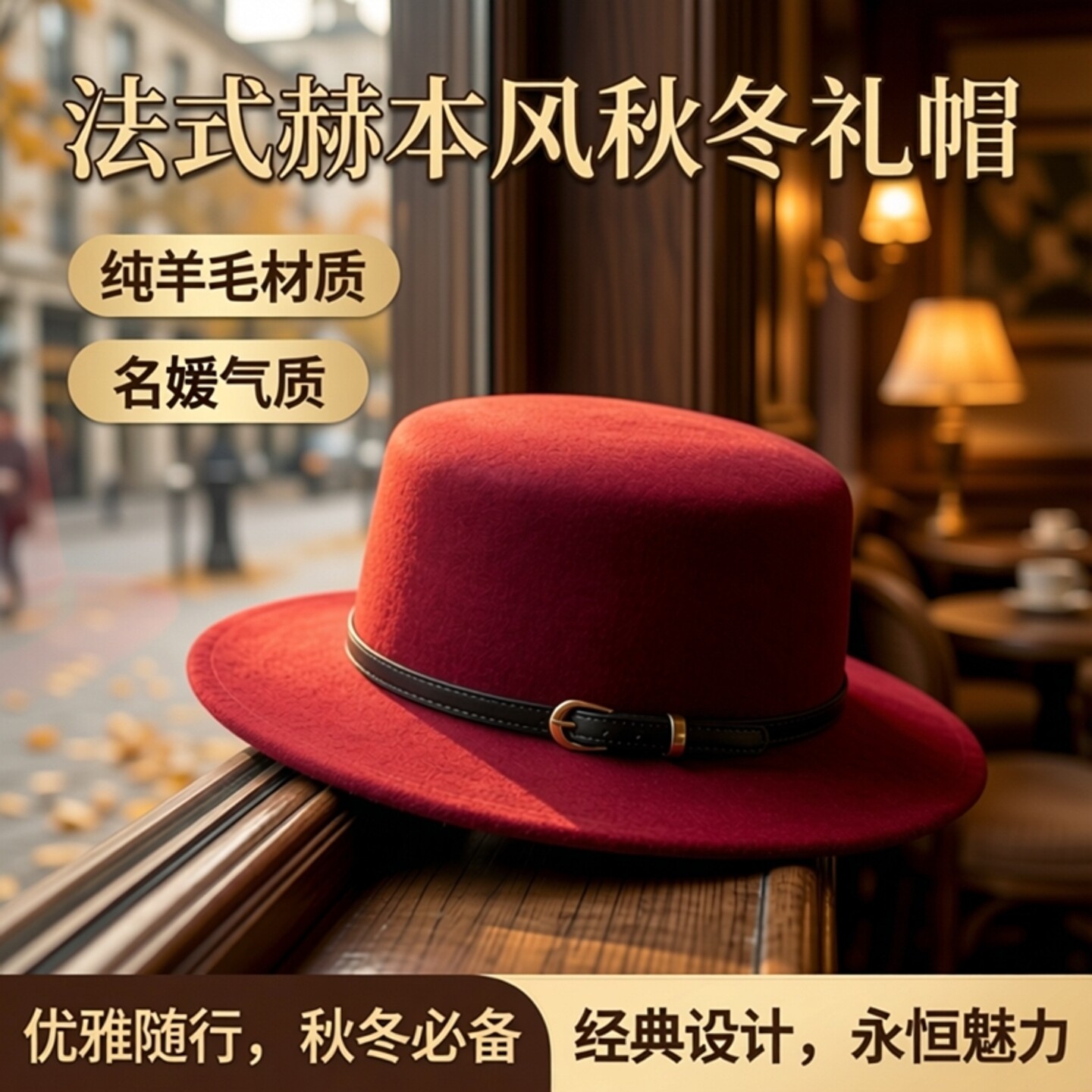 法式红色纯羊毛赫本风秋冬平顶礼帽女时尚休闲名媛皮带扣毛呢帽子