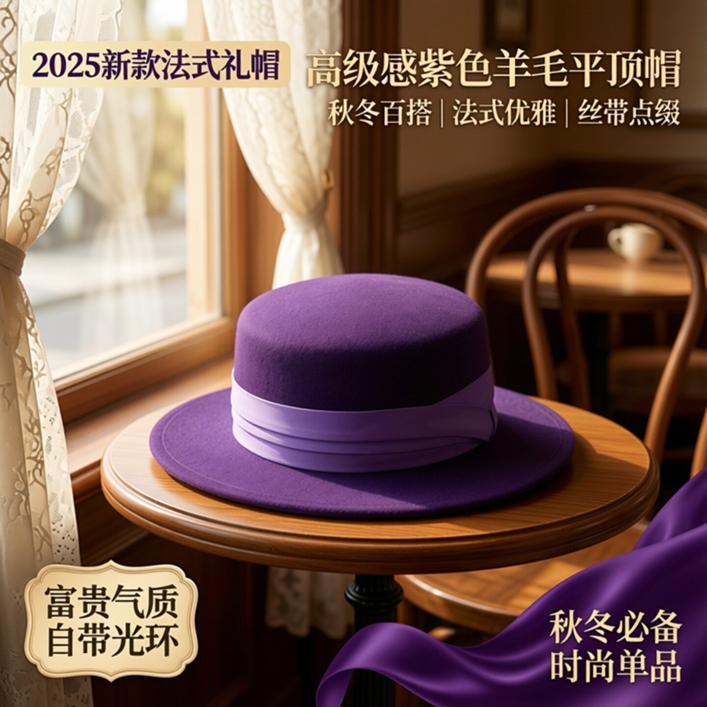 帽子女秋冬高级感富贵紫色羊毛平顶礼帽2025新款法式帽子女休闲帽