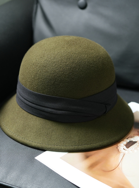 时尚复古军绿色羊毛呢盆帽女秋冬百搭钟型渔夫盆帽时尚保暖小礼帽