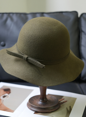 军绿色渔夫帽女秋冬韩国百搭蝴蝶结礼帽女圆顶羊毛呢复古盆帽女